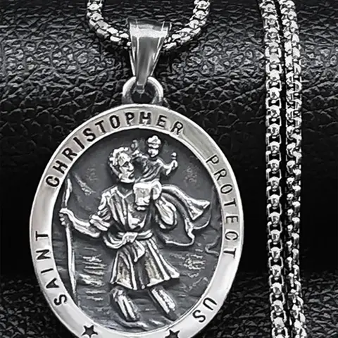 Stainless Steel Saint Christopher Protect Us Cross Medal Byzantine Necklace, Cross Necklaces, Fashion Jewelry for Party, Daily Clothing Decor, Trendy All-match & Exquisite Jewelry for Gift