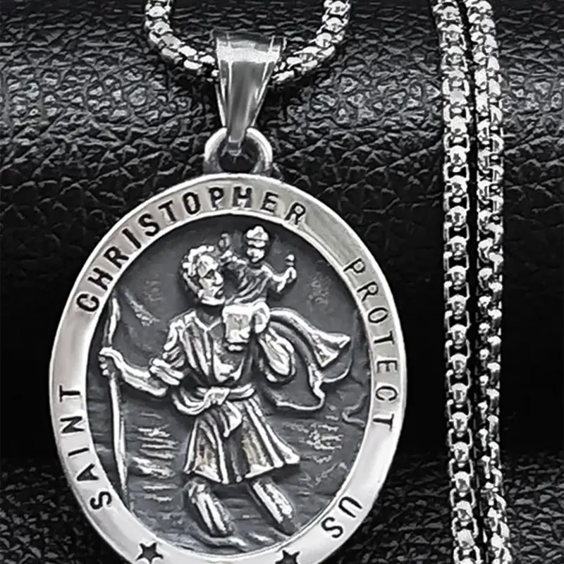 Stainless Steel Saint Christopher Protect Us Cross Medal Byzantine Necklace, Cross Necklaces, Fashion Jewelry for Party, Daily Clothing Decor, Trendy All-match & Exquisite Jewelry for Gift