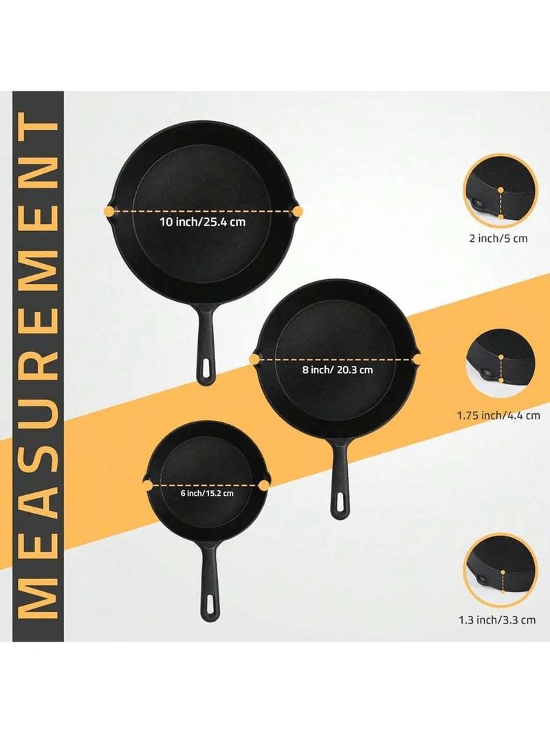 3Pcs Cast Iron Pan Pre-Seasoned Iron Skillet Set Heavy Duty Skillet Set With Pouring Lip For Grilling Searing Frying Baking 6 Inch 8 Inch And 10 Inch Black