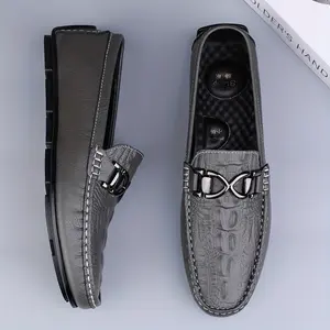 2025 Men's Genuine Leather Loafers, Casual Slip-On Crocodile Pattern Shoes, Split Cowhide Upper, Artificial Lining, Rubber Sole, Square Toe, Suitable for Daily Wear, Comfortable for All Seasons