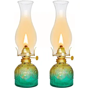 2 Pieces Large Chamber Oil Lamps, Glass Clear Color Kerosene Lamps for Indoor Use Home Decorative Hurricane Lamp Oil Lantern 11" Vintage Oil Lamp for Tabletop Decor Lighting