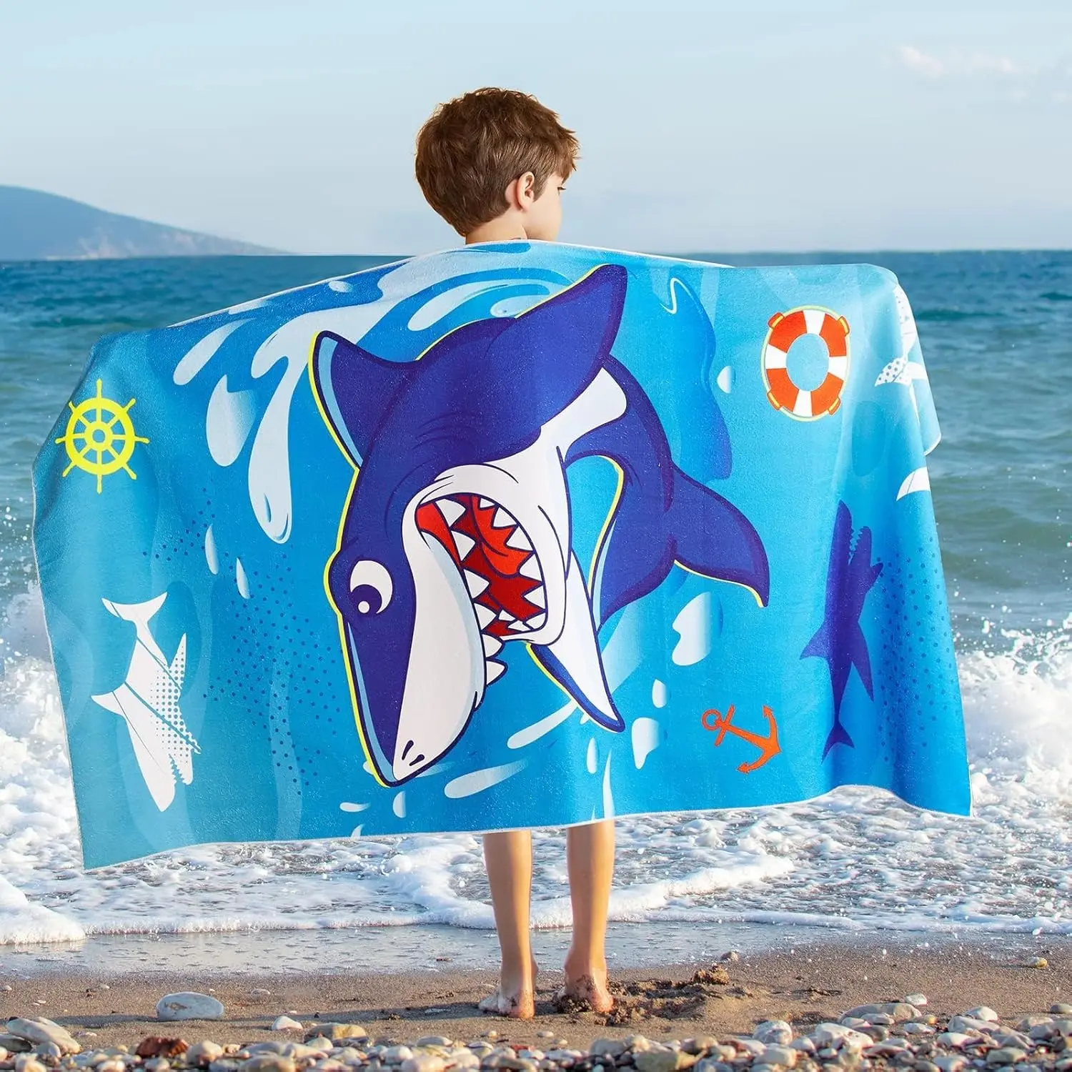 WERNNSAI Kids Beach Towel for Boys - 30” x 60” Shark Sand Free Swim Towels Pool Beach Towel for Boys Kids Quick Dry Absorbent Super Soft Beach Blanket Camping Travel Bath Shower Towel