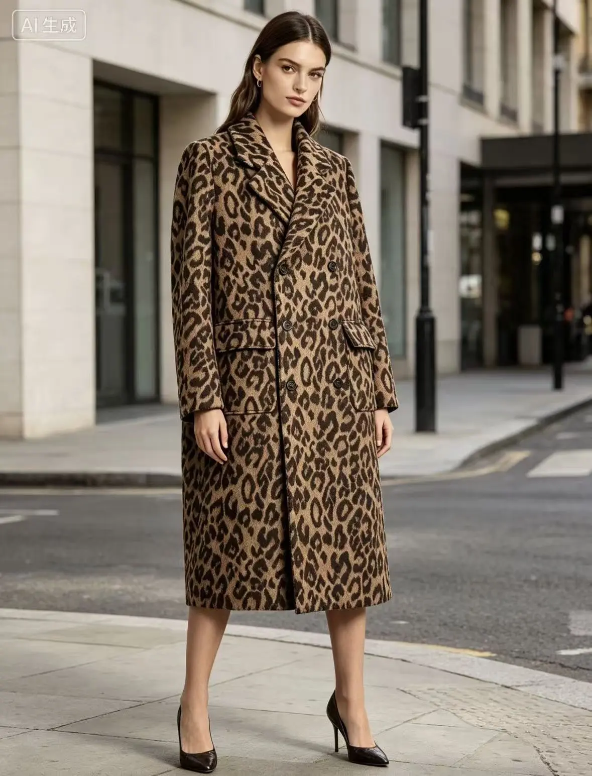 Women's Leopard Print Long Sleeve Wool-Blend Double-Breasted Oversized Loose Winter Casual Overcoat, Soft Fabric, Street Style Tops