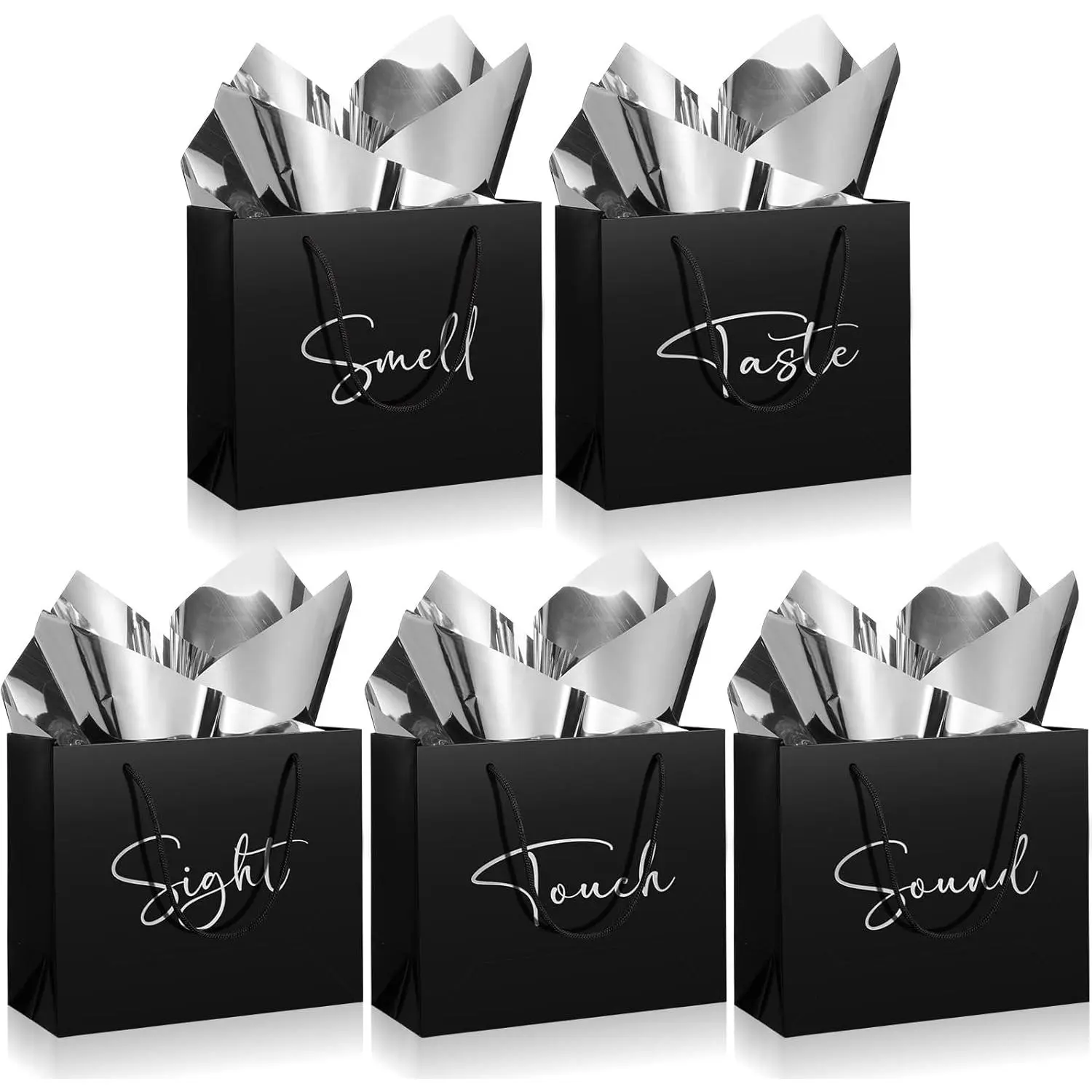 5 count 5 Senses Black  Bags for Him and Her, Senses  Bags with Handles and 10 count Tissue Paper, 9 x 4 x 7.8 Inch Elegant Paper Decor for Birthday Wedding Anniversary