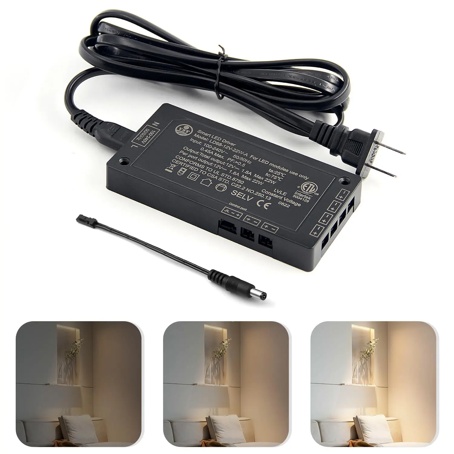 VST LED Power Supply, 100V-240V AC to 12V 22W DC, Low Voltage Transformer with 12V JST Ports, Control Unit for Strip and Under Cabinet Lights, ETL Listed, Black
