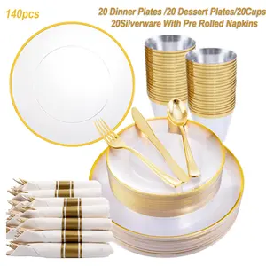 140Pcs Gold Plastic Plates, Clear Disposable Plates with Gold Trim, gold Dinnerware Include 20Dinner Plates,20Salad Plates, 20Cups,20Silverware With Pre Rolled Napkins