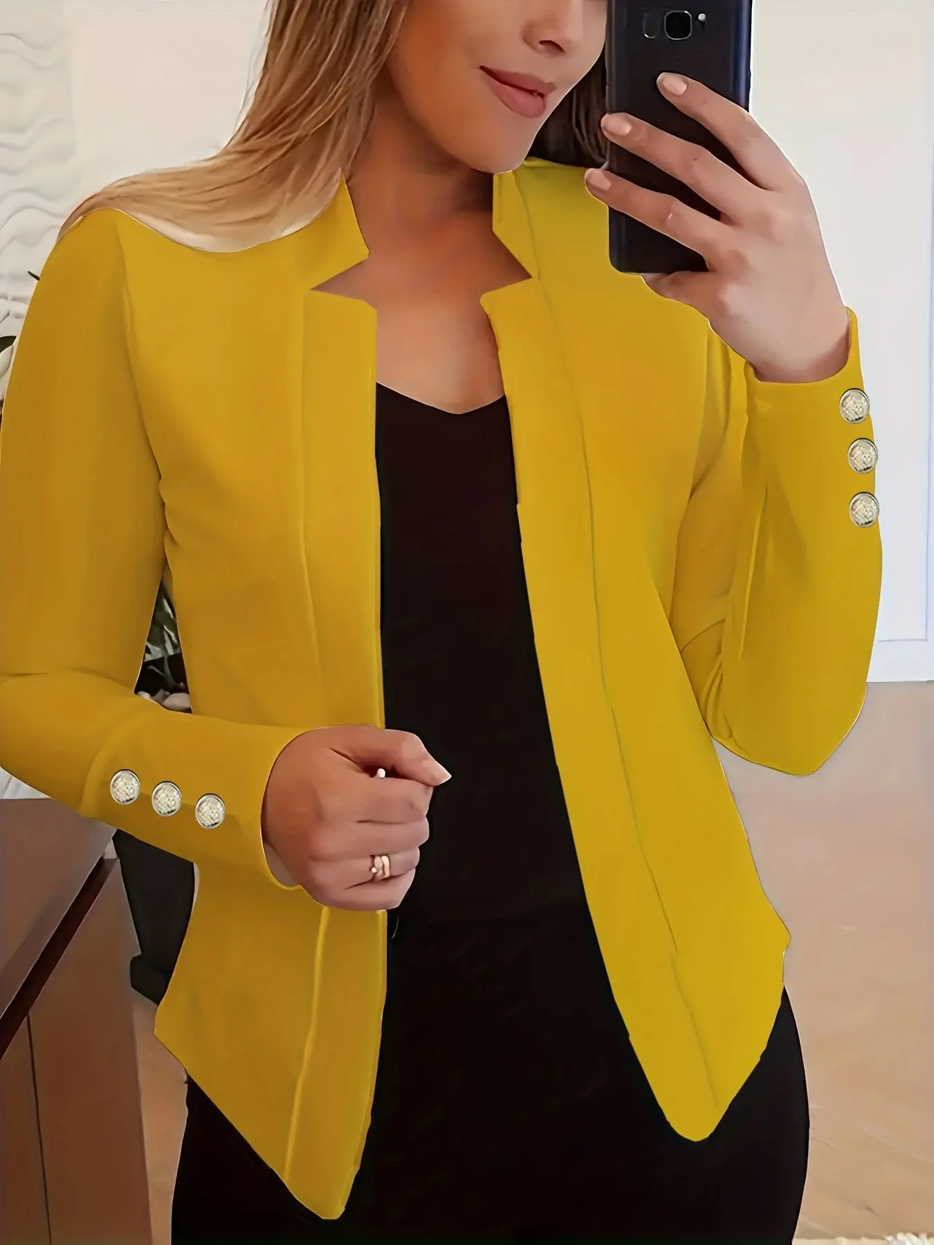 Women's Casual Commuter Plain Color Fashion Chic Spring Fall Fitted Long Sleeve Outerwear Jacket, Unique Sleeve Button Design, Clear Fabric Texture, Perfect for Daily Gatherings Womenswear