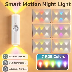 RROETXI Rechargeable Smart LED Night Light with Motion Sensor RGB Gradient Ambient Lighting Dimmable Magnetic Wall Lamp for Bedroom Stairs Entryway Holiday Decor 9 LED Lights 7 Color Modes Long Battery Life Auto-On Mode