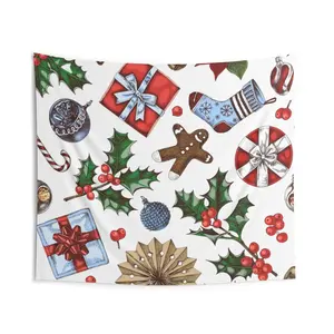 Christmas Nostalgia Candy Cane Gingerbread Cookie Holly Backdrop Indoor Decor Wall Tapestry Room Art Winter Solstice