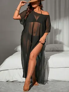Plus Size Sheer Coverup Dress - All-Over Print Round Neck Short Sleeve Beachwear for Summer