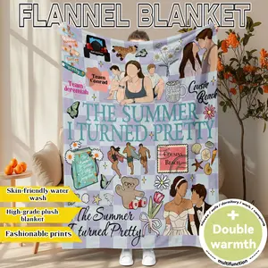 "Beautiful Summer" print. "The Summer I Turned Pretty" themed popular flannel blanket. Soft, plush, and oversized for warmth. Perfect for home, office, travel, or as a holiday gift. All-season use and machine washable.