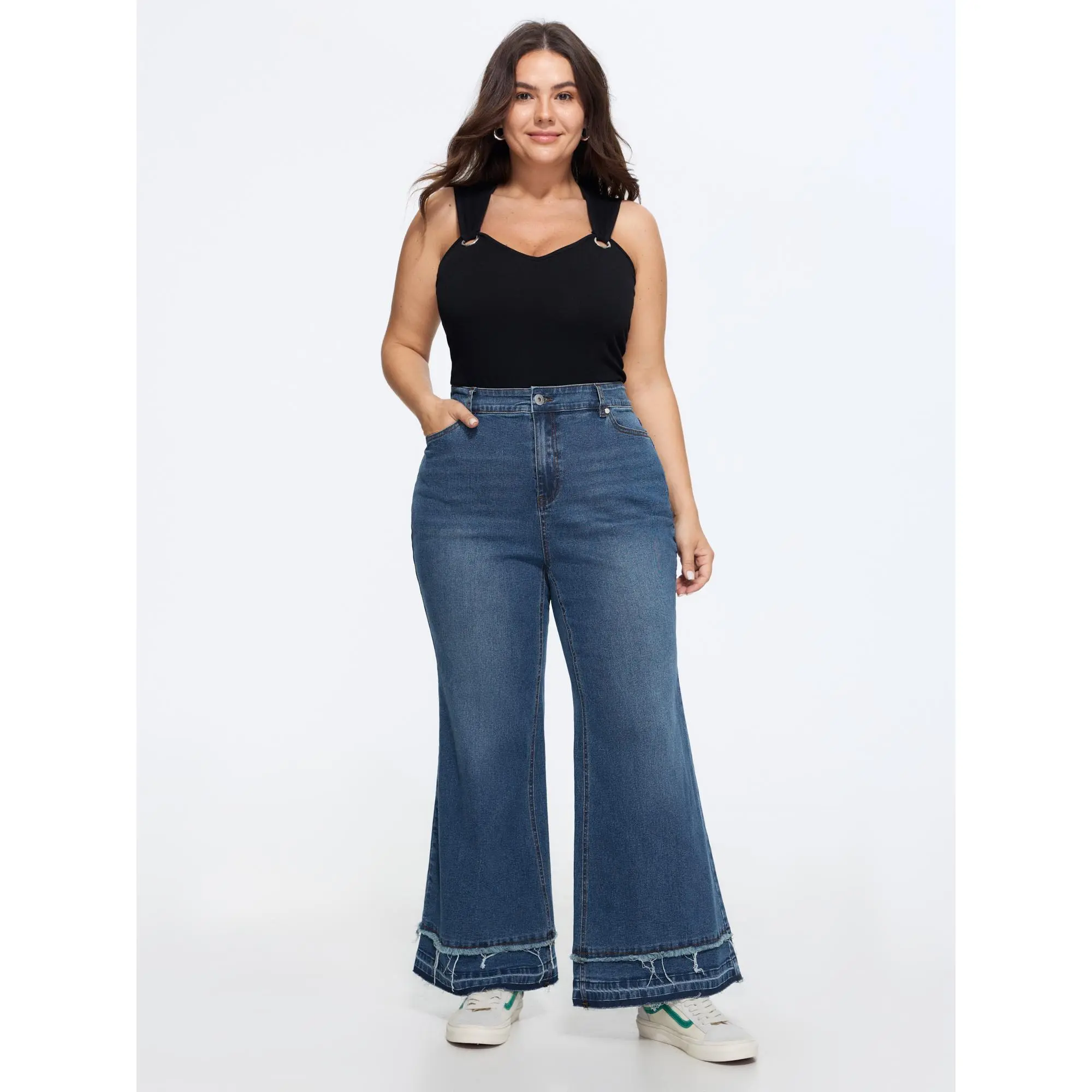 BLOOMCHIC Plus Size Stretchy Layered Hem High-Rise Flared Jeans[M-6X]2026  Summerfinds