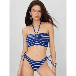 Cider Ribbed Halter Neckline Stripe Knotted Cheeky Bikini Set