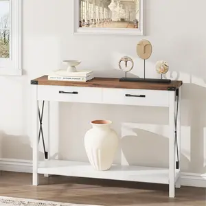 31" White Narrow Console Table with 2 Drawers & Open Storage Shelf, Classic Wood Sofa Side Accent Table for Living Room & Entryway