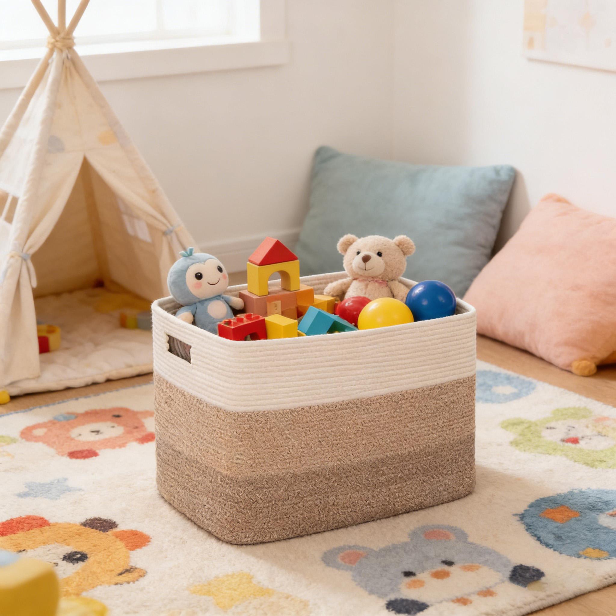 Large Cotton Rope Basket, Rectangular storage basket, suitable for storage, toy storage in children's rooms, and organizing baskets for toys with handles in living rooms