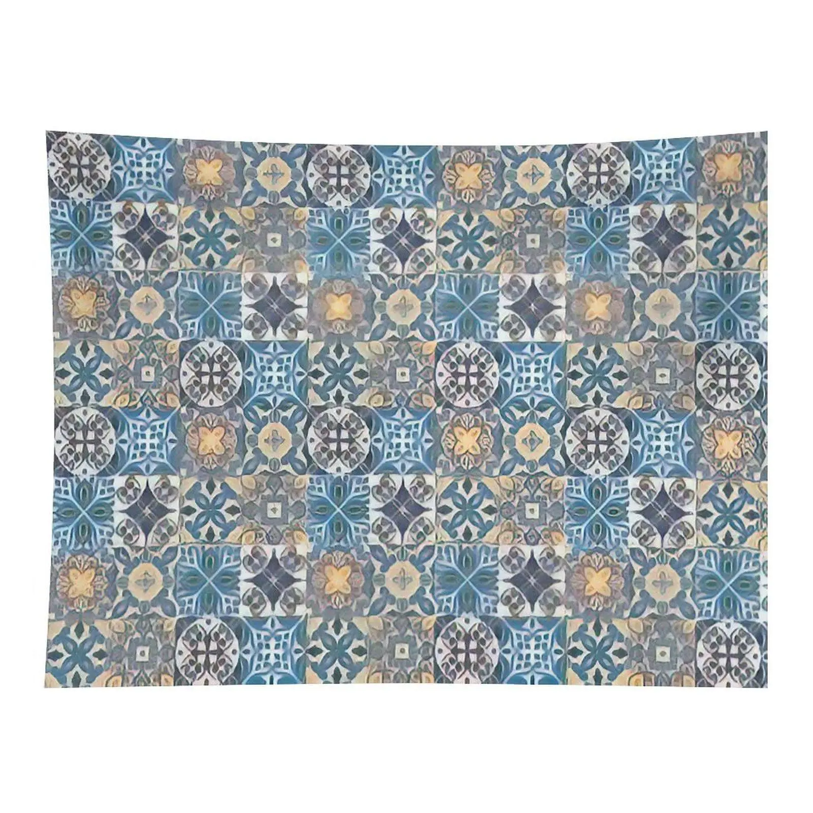 Boho Moroccan Tile Pattern Wall Tapestry - Vintage Geometric Floral Mosaic Print, Indoor Wall Decor for Apartment Bedroom, Indoors Aesthetic Background