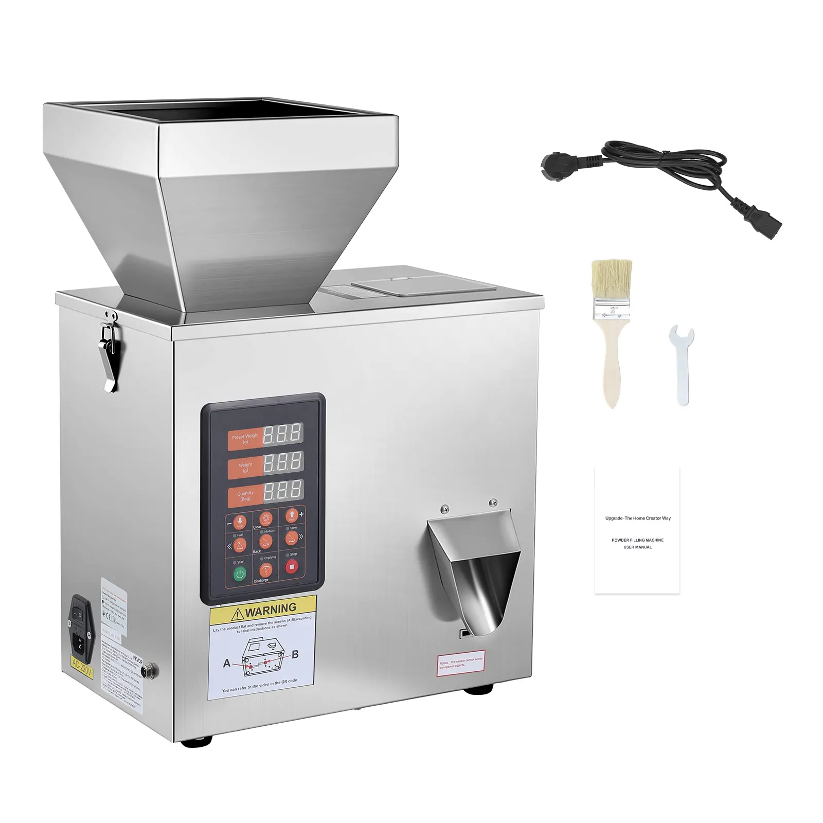 Powder Filling Machine, 1-99.9g (0.002-0.22lbs) Automatic Particle Dispenser, High Accuracy, Stainless Steel, Intelligent Weighing Dispensing Filler for Coffee Beans, Grains, Tea, Spices, Silver