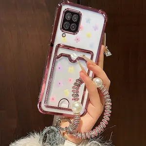 A12 Popular Series Sparkling Jewelry Lanyard Strap Card Holder Slot Phone Case For Smartphone Compatible With Samsung Galaxy A12 Transparent Plating Cover and Impact Resistant Protective Colorful Painting of Flowers Protector