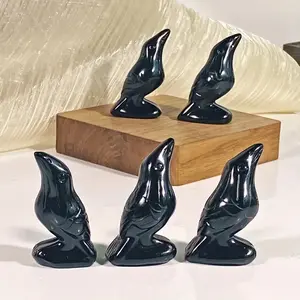 Natural Gemstone Obsidian Crow Birds Hand Carved Crystal Mini Pocket Statute, Crystal Carving Black Obsidian Animal Figurine, Crystal Gift Ornament