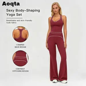Aoqta Women's Sporty Tracksuit Set - Casual Two-Piece Athletic Wear, 78% Nylon 22% Spandex, Ideal for Gym & Daily Activities, H-Shaped Back Design, Bell-Bottom Pants