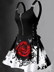 Gothic Casual Large Flower Print Dress, Youthful Fashion Streetwear, Music Festival, Slim Fit Tie Waist, Zipper Opening, Ink Splash Design