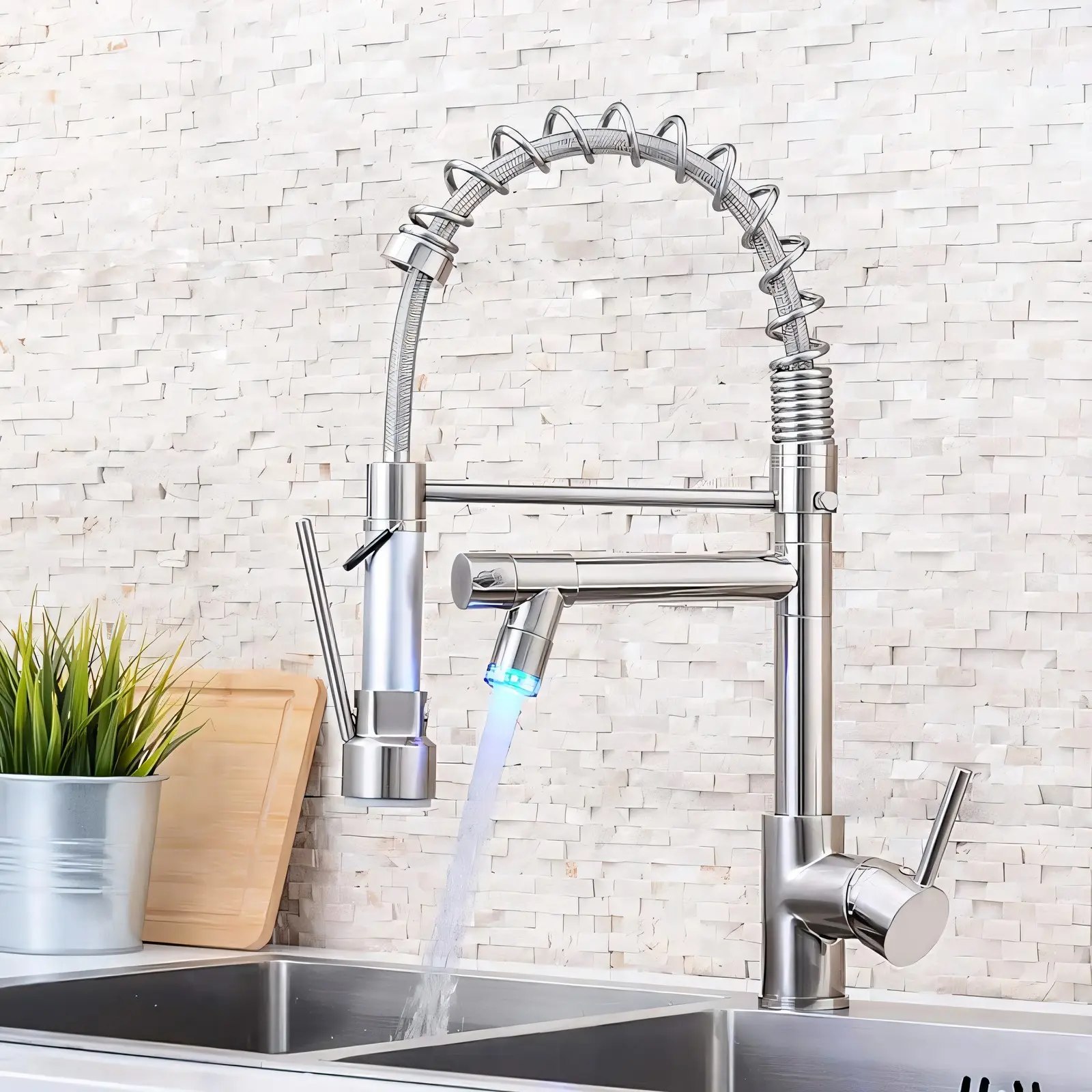 Commercial LED Backlit High-Arc Kitchen Faucet with 360° Swivel Spring Pull-Down Sprayer, Single Handle Brushed Nickel & Matte Black Finish, for RV, Home, Balcony, Rv Sink Fixture, Deck Mounted, 1 Hole