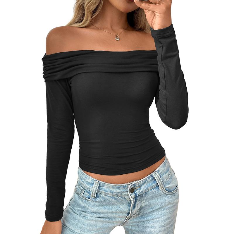 Women's Off The Shoulder Long Sleeve Ruched Slim Fit Crop Top