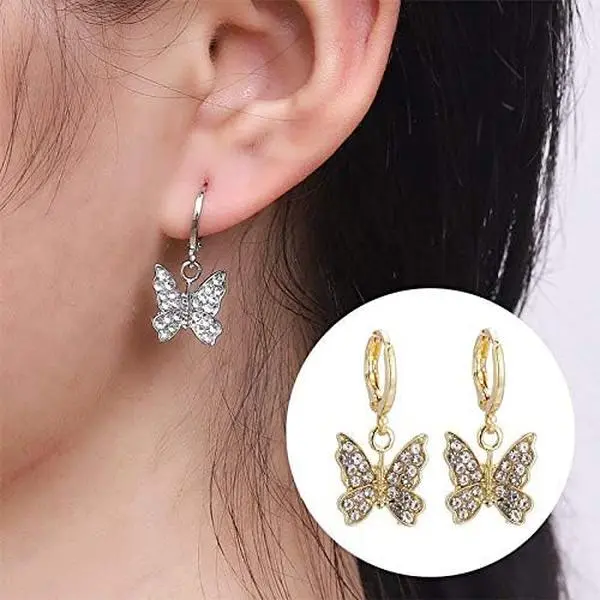 Charm Butterfly Hoop Earrings,14K Gold Silver Crystal Butterfly Drop Dangle Earrings for Women