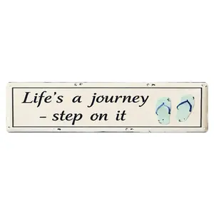 "Life's a journey - step on it" Flip Flop Metal  Sign 16x4 Inch (40×10cm) - Vintage Coastal Wall Decor, Funny Beach House Quote Sign