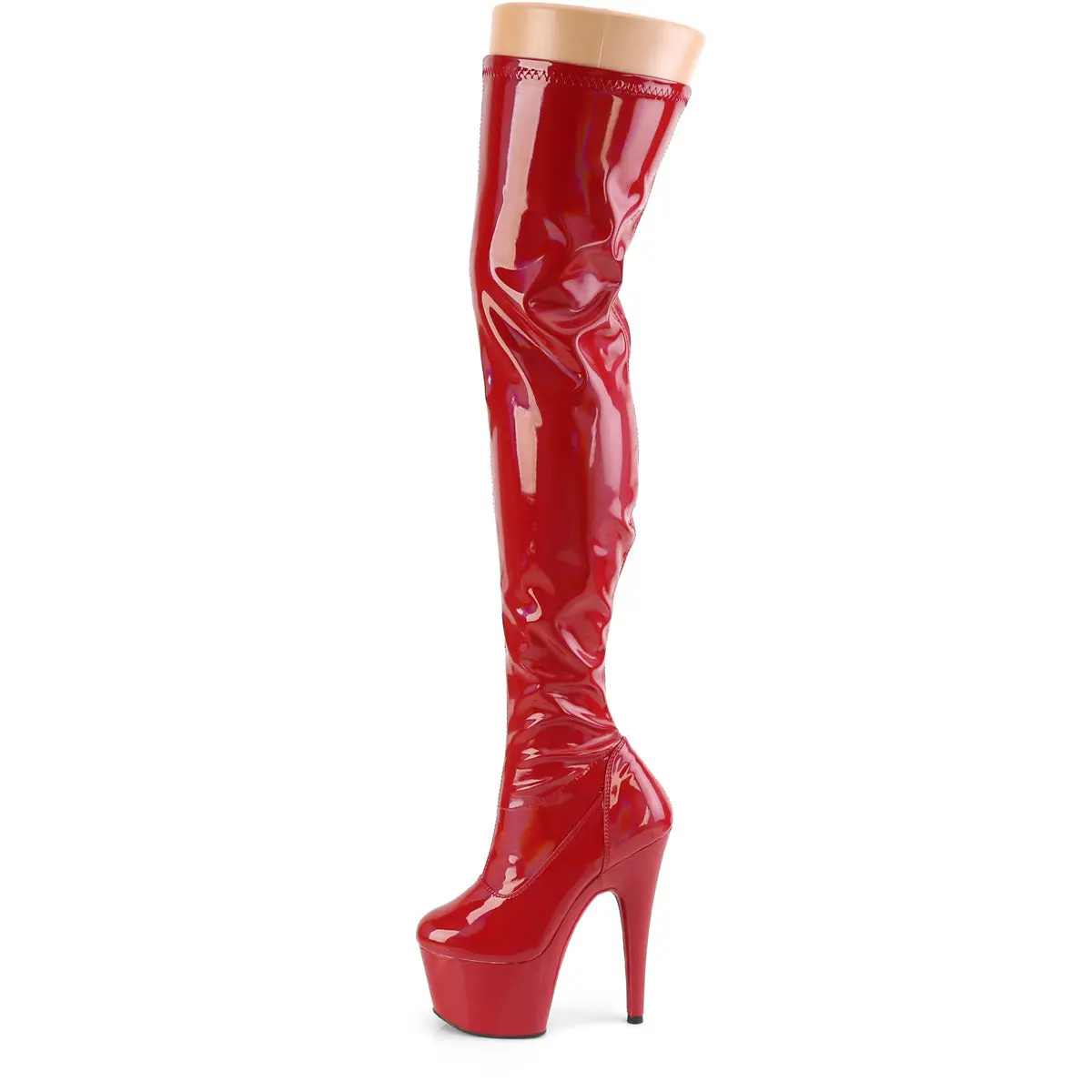 Women's Over-the-Knee Boots in Red Holographic Stretch Patent with 7" Heel, 2.75" Platform and Inside Zip, Boot, Footwear, Synthetic