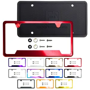 Silicone Back Guard Bottom Cut Out Corner License Plate Frame Candy Red Powder Coated Universal Fit Aluminum Screw On Cap Cover, T304 Stainless Steel, Rust Proof Weather Proof (Qty: 1 Frame)
