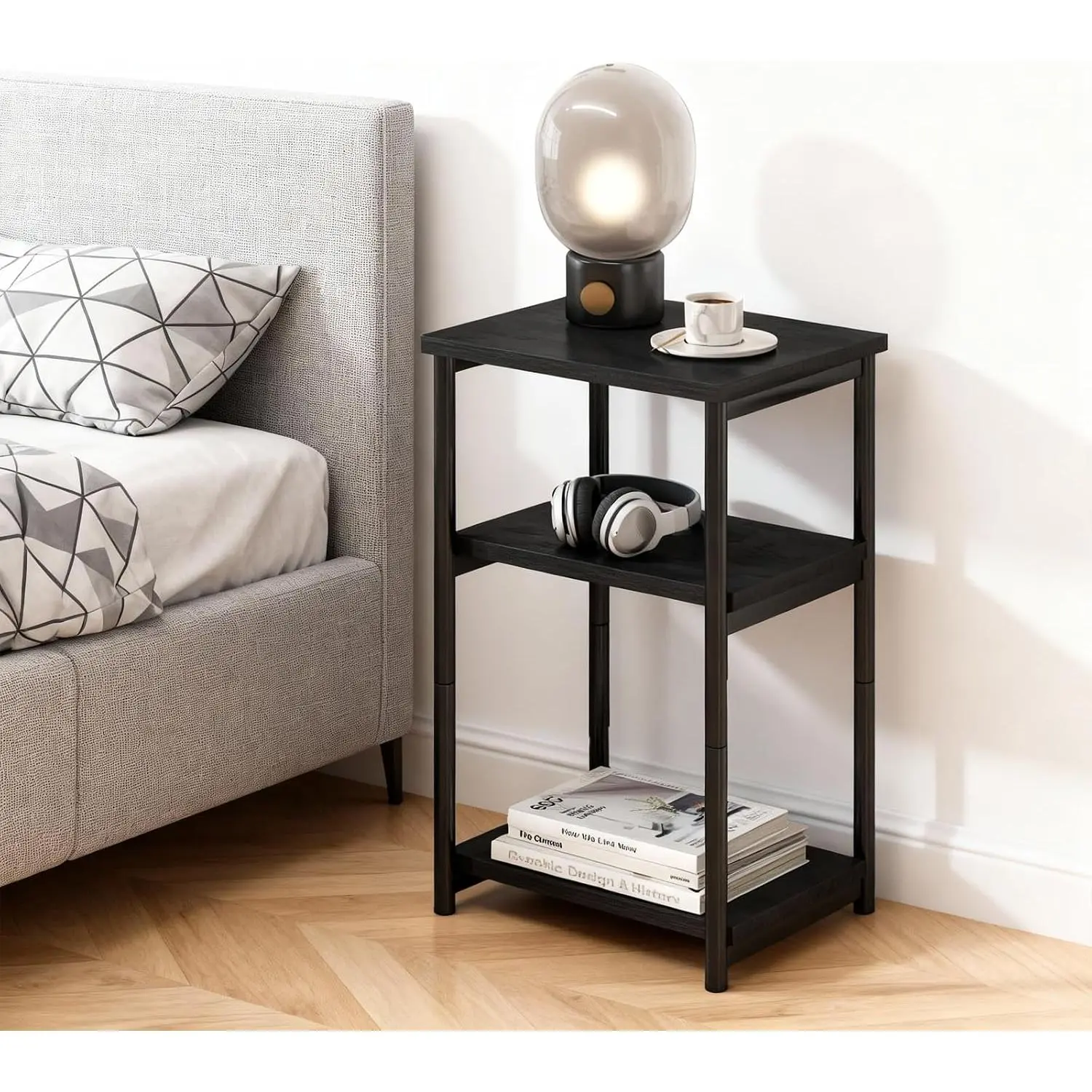 GARVEE Narrow Side Table, Telephone Table, 3 Shelves, Bedside Table, Narrow with Storage Space, Sofa Side Table for Narrow Spaces for Living Room, Bedroom, Kitchen, 40 x 30 x 60 cm, Black