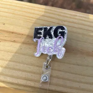 EKG Tech Badge Reel with Sparkly Design and "EKG Tech" Text, Includes Clip for Attachment