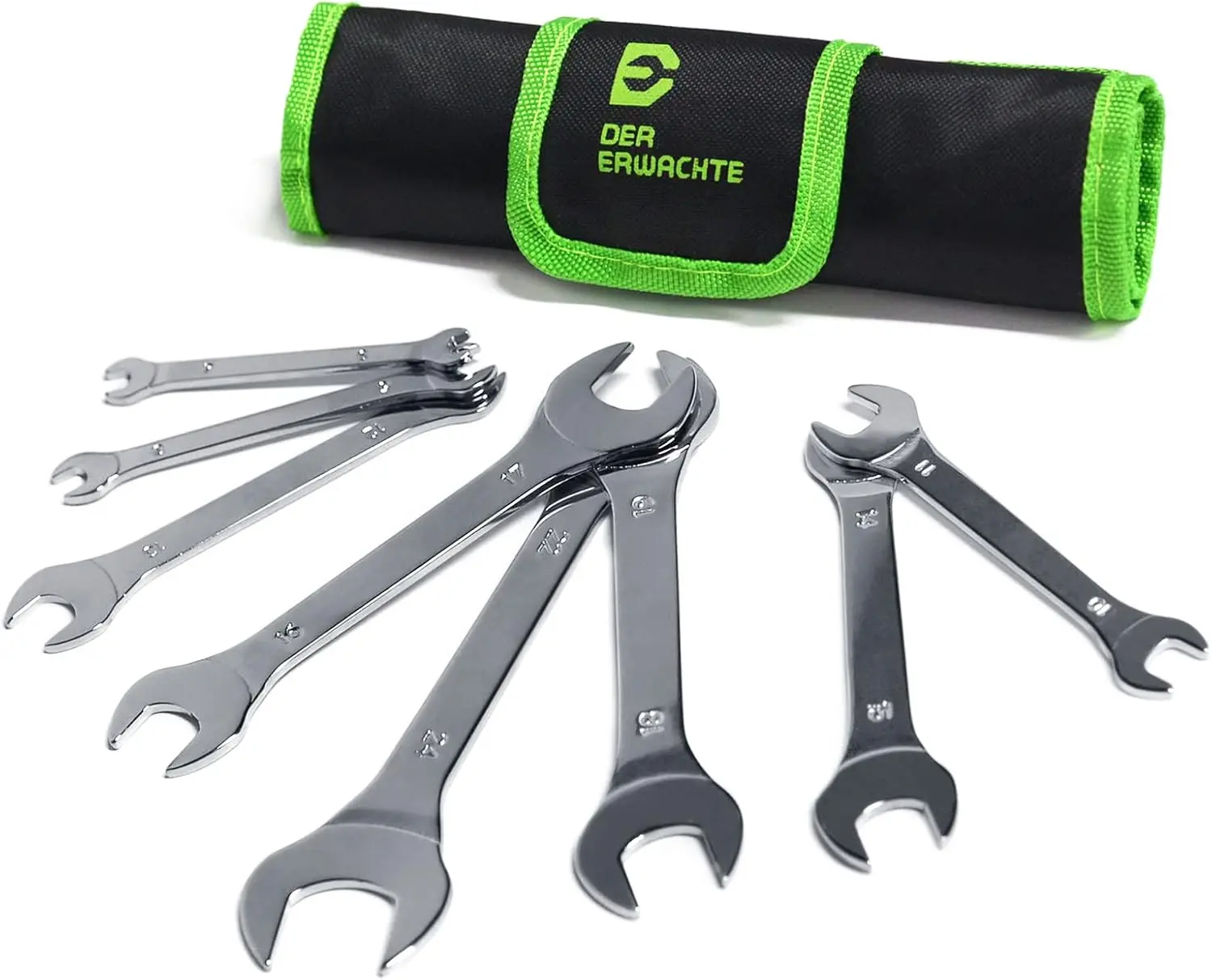 Der Erwachte 8-Piece Super-Thin Metric Open End Wrench Set, Slim Spanners, Includes 6–19, 22, 24mm, With Rolling Pouch