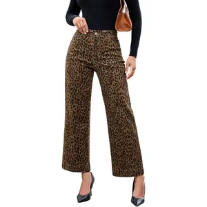 Wide Leg Jeans Woman Trendy High Waisted Leopard Cheetah Print Ankle Length Stretchy Denim Pants with Pockets