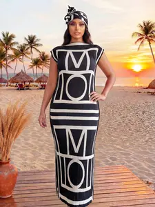 Elegant Geometric Print Robe Set, Multicolor Shawl Dress + Long Headscarf Hairband, Women's Beach Sun Protection Satin Scarf