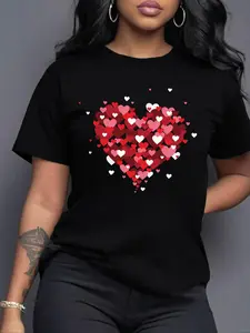 Women's Heart Print Round Neck Tee, Casual Short Sleeve Crew Neck T-Shirt for Summer, Fashion Women's Top for Daily Wear, Womenswear