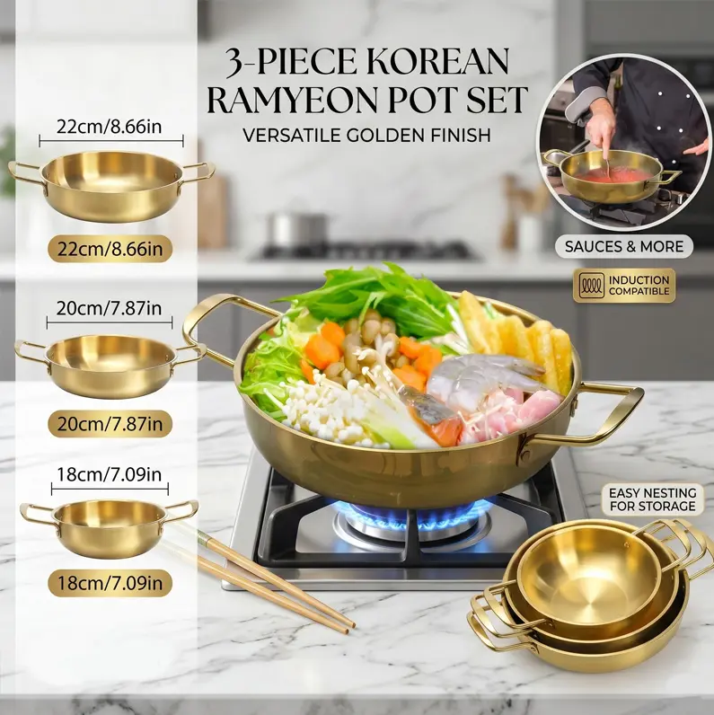 3-Pack Golden Double-Handled Stainless Steel Korean Ramen Pots - 18/20/22cm Heat-Resistant Induction Multi-Cook Noodle Soup Pans for Home Kitchen & Camping, Double-Handled Pots, Heat Resistance Pots