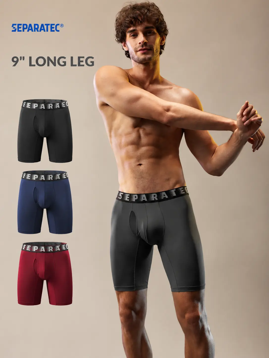 Separatec Men's 9in Long Leg Boxer Briefs - 3 Pack, Supportive CradleFit Pouch, Stretchy Sports Underwear, Breathable, Anti Chafing, Moisture-Wicking, Athletic Fit, Sportswear, Activewear, Multicolor for Gym/Vacation/Sports