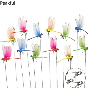12Pcs 3D Fake Dragonfly Rod Clips Outdoor Garden Decor Metal Natural Bug Repellent Device Bird Fly Deterrent Tools Creative Decorative Accessories for Patio Lawn Yard Indoor Wall Home Decor Organic Pest Control Concept
