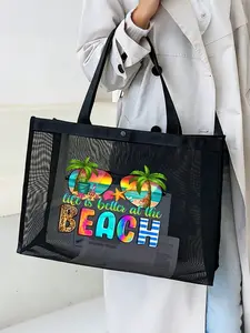 Large Capacity Mesh Bag Set, Customizable Name Beach Bag, Foldable Cosmetic Storage Bag, Ideal for Women Summer Outdoor Shopping Beach Vacation Gift