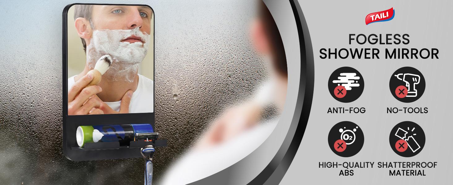 TAILI Fogless Shower Mirror, Anti-Fog with Razor Holder, Suction Shaving Mirror with Storage Tray, Rust-Proof, Shatterproof, Removable for Bathroom, Shower Accessories, Black