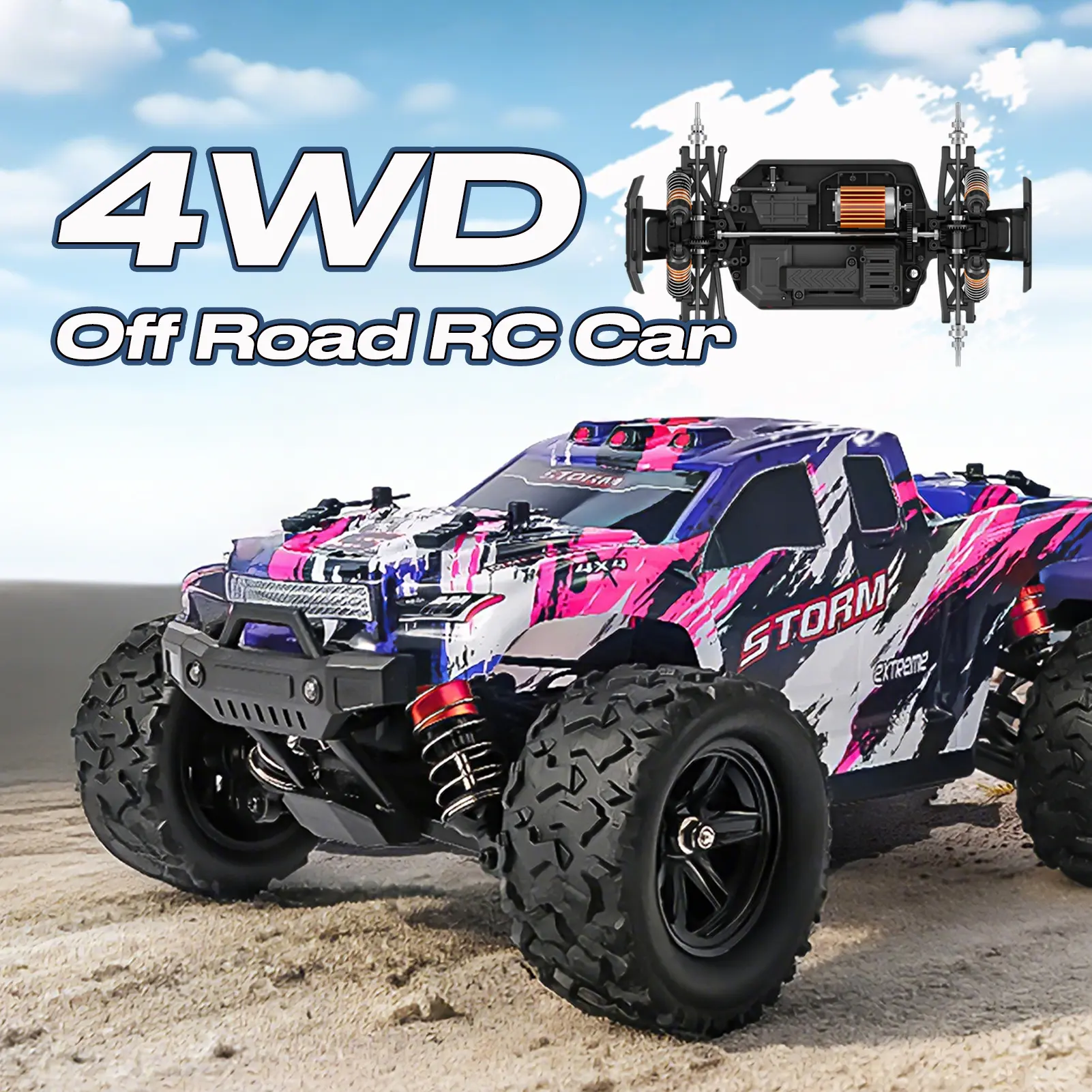 1:18 Scale 4WD High Speed RC Car 42 KM/H, 7.4V 1200mAh LiPo Battery with Protection Board, 2.4GHz Full Proportional Radio Control, 30A ESC, 1.5kg Servo, Off-Road Monster Truck with LED Lights