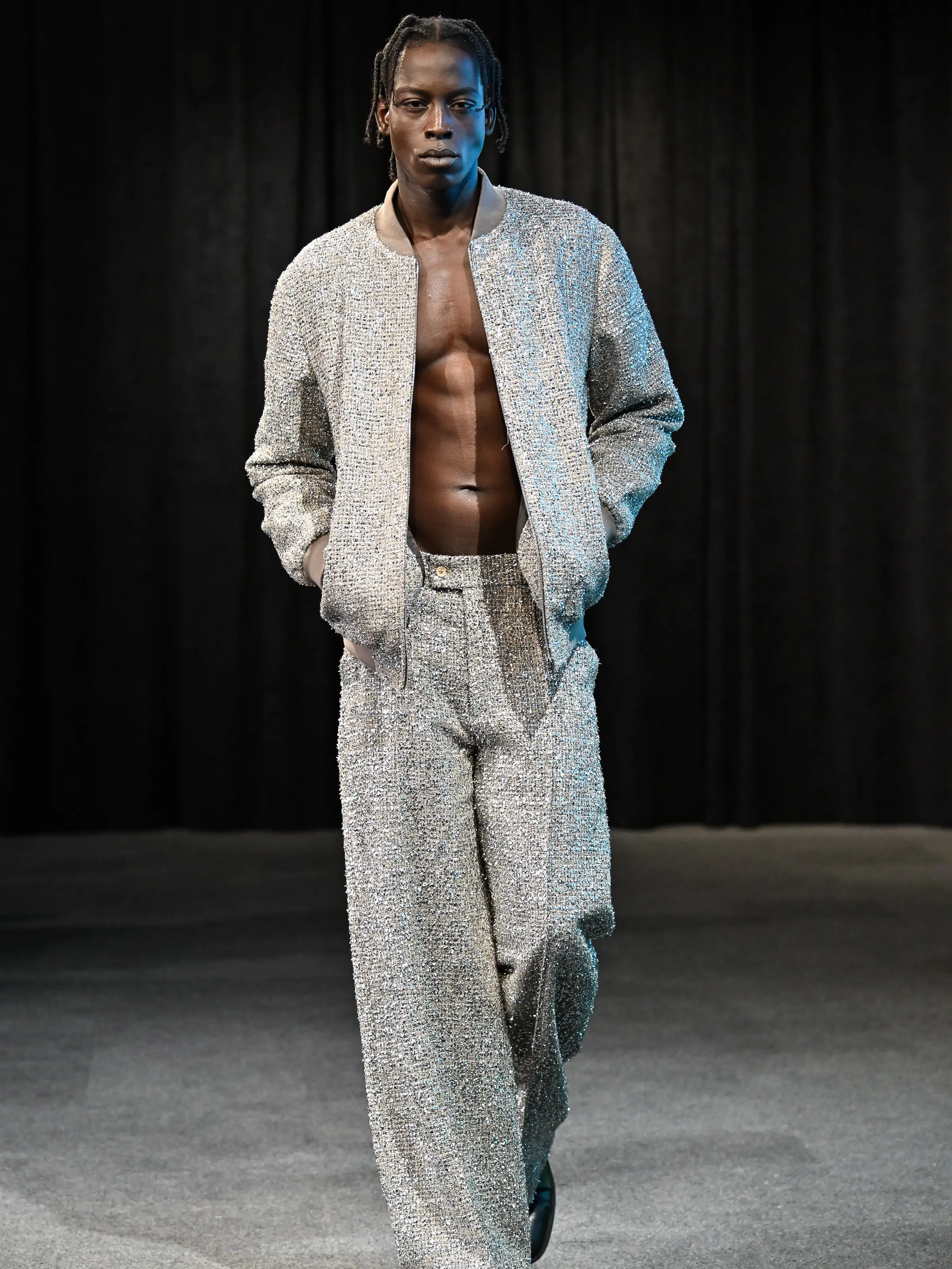 SilverStar Men's Bomber Jacket in Reflective Metallic Tweed with Lurex Fiber and Sequins