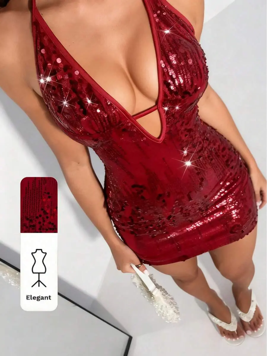 SHEIN TRNDY 1pc Burgundy Sequin Backless Deep V Neck Bodycon Mini Dress,  Casual High Street Cocktail Party Romantic Dress For Women, Suitable For  Christmas, New Year, Valentine's Day - TikTok Shop