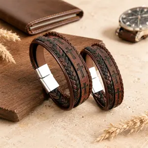 Men’s Leather Cross Bracelet, Braided Leather Wristband with Alloy Magnetic Clasp, Vintage Christian Faith Jewelry, Casual Layered Bracelet for Daily Wear, Gift for Men