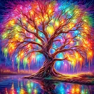 5D Diamond Painting Kit - Glowing Rainbow Tree of Life by the Water, Full Round Drill Colorful Reflective Foliage Mosaic Art, DIY Rhinestone Embroidery for Vibrant Home Wall Decor & Housewarming Gift