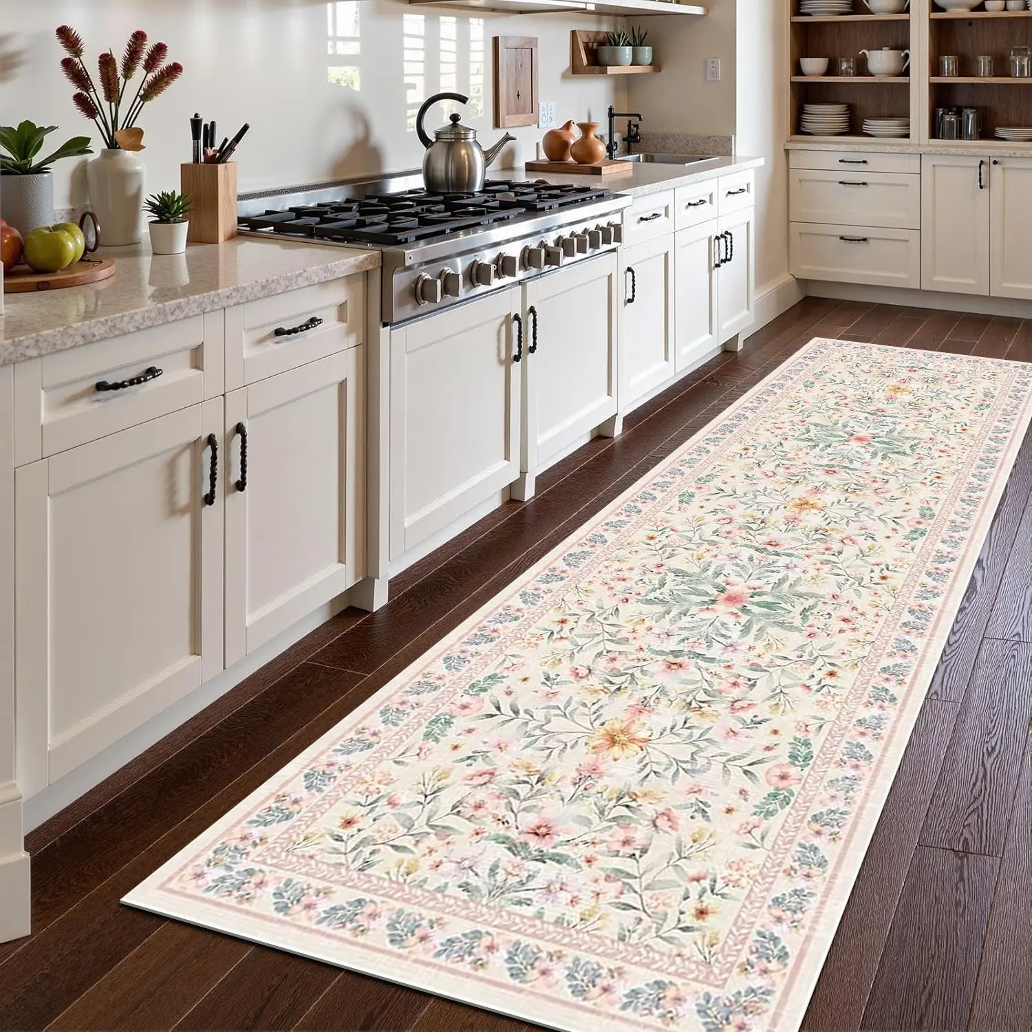 Elegant Floral Long Hallway Carpet, Non-Slip Kitchen Rug, Fashion Home Decor, Perfect for Living Room Bedroom, Floral Washable Rug, Flower Rug, Floral Area Rug, Home Decorative Rug, Floral Rugs