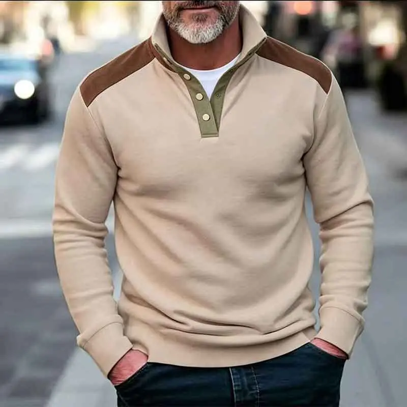Stylish Men's Khaki Long-Sleeve Hooded Sweatshirt with Brown Leather Shoulder Panels, Stand Collar, Henry Buttons, Retro Color-Blocked Half-Zip, Anglo-American Casual Style, Soft Skin-Friendly Spring-Autumn Plus-Size Top