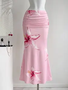 Elegant Light Floral Print Skirt, Fitted, Soft and Comfortable, Vintage Style, Perfect for Dating and Office Wear, All Seasons